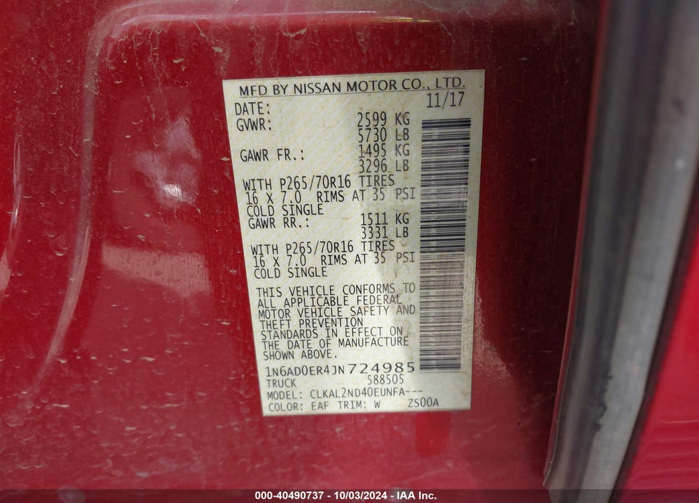 2018 NISSAN FRONTIER SV VIN: 1N6AD0ER4JN724985