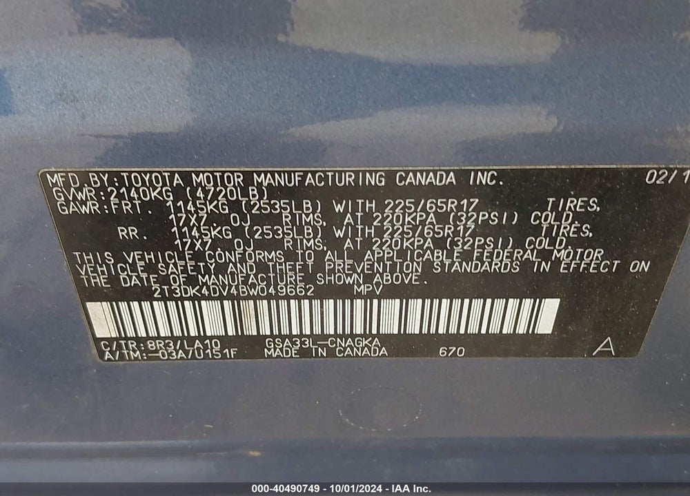 2011 TOYOTA RAV4 LIMITED V6 VIN: 2T3DK4DV4BW049662