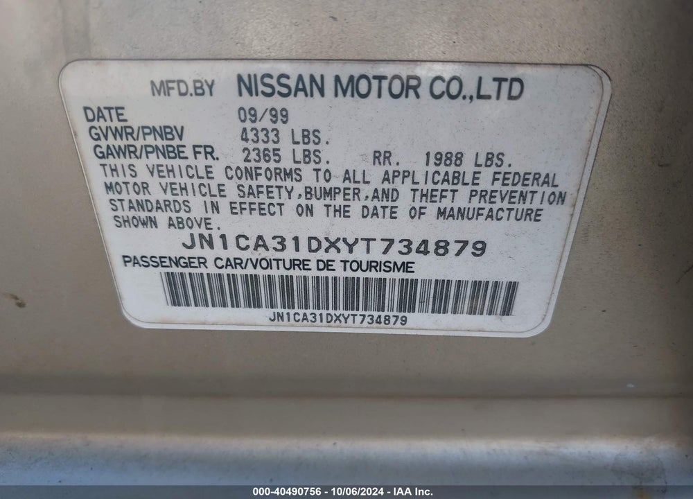 2000 NISSAN MAXIMA GLE/GXE/SE VIN: JN1CA31DXYT734879