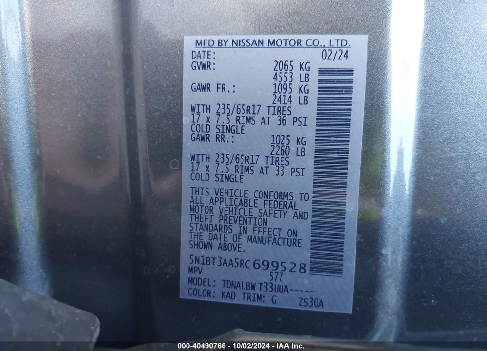 2024 NISSAN ROGUE S FWD VIN: 5N1BT3AA5RC699528
