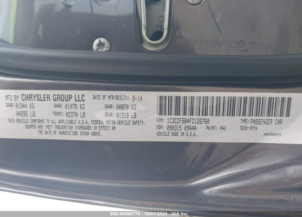 2015 DODGE DART SXT VIN: 1C3CDFBB4FD126760
