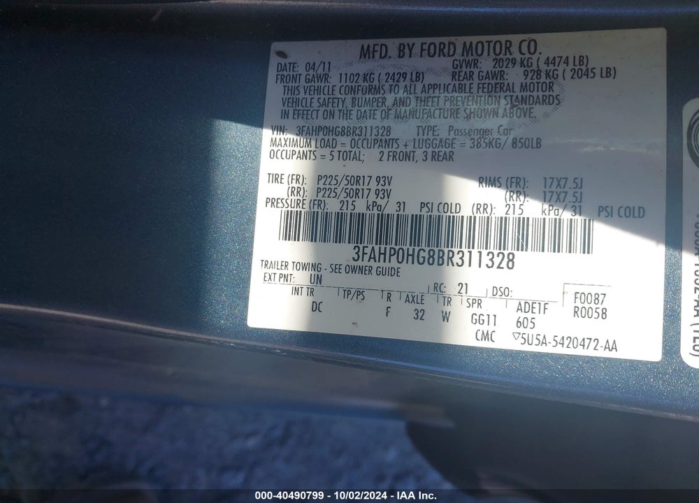2011 FORD FUSION VIN: 3FAHP0HG8BR311328