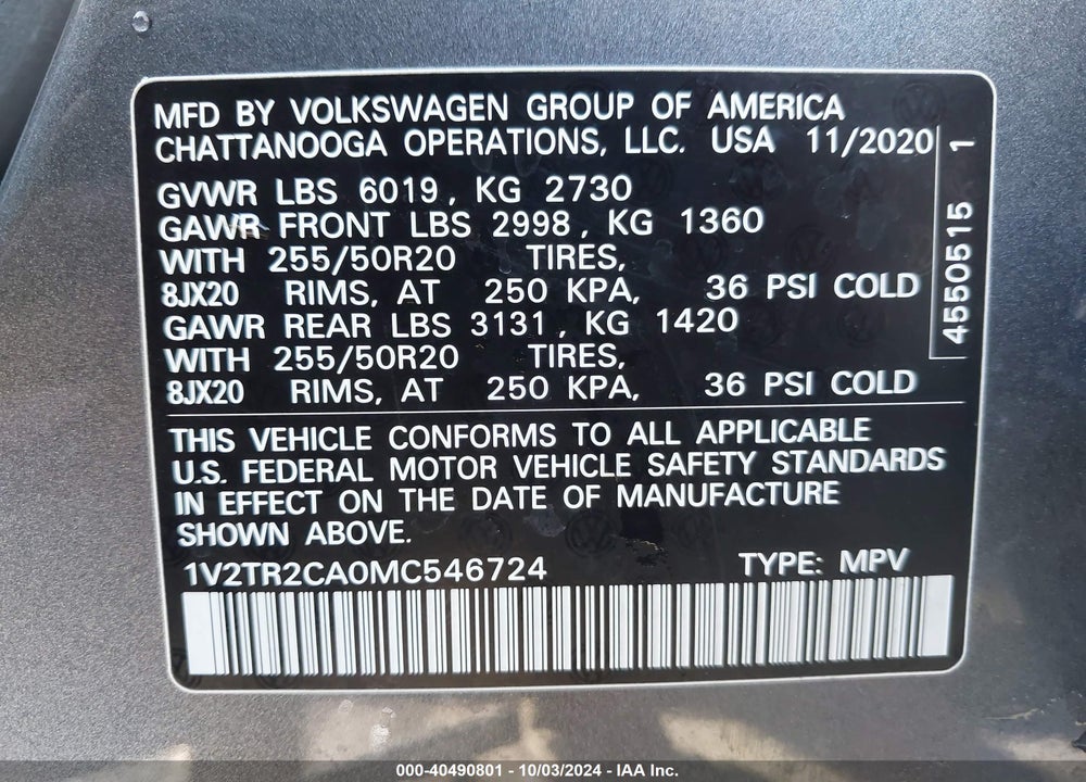 2021 VOLKSWAGEN ATLAS 3.6L V6 SEL PREMIUM VIN: 1V2TR2CA0MC546724