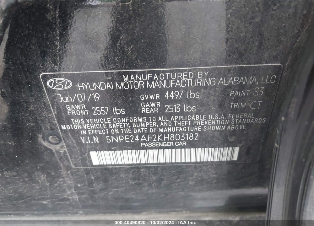2019 HYUNDAI SONATA SE VIN: 5NPE24AF2KH803182