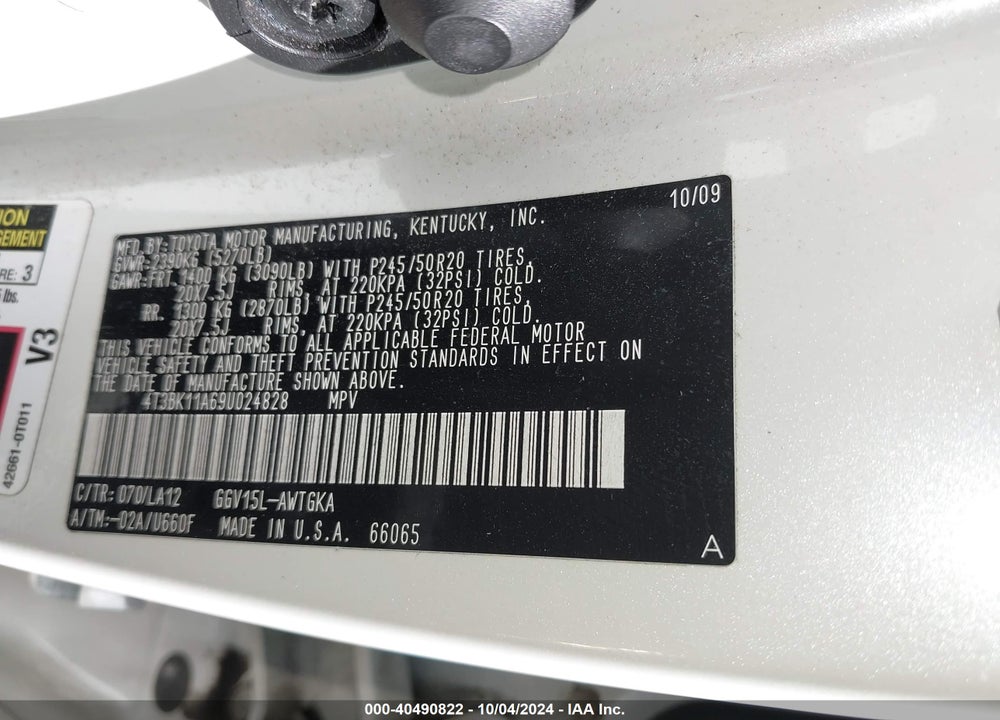 2009 TOYOTA VENZA BASE V6 VIN: 4T3BK11A69U024828