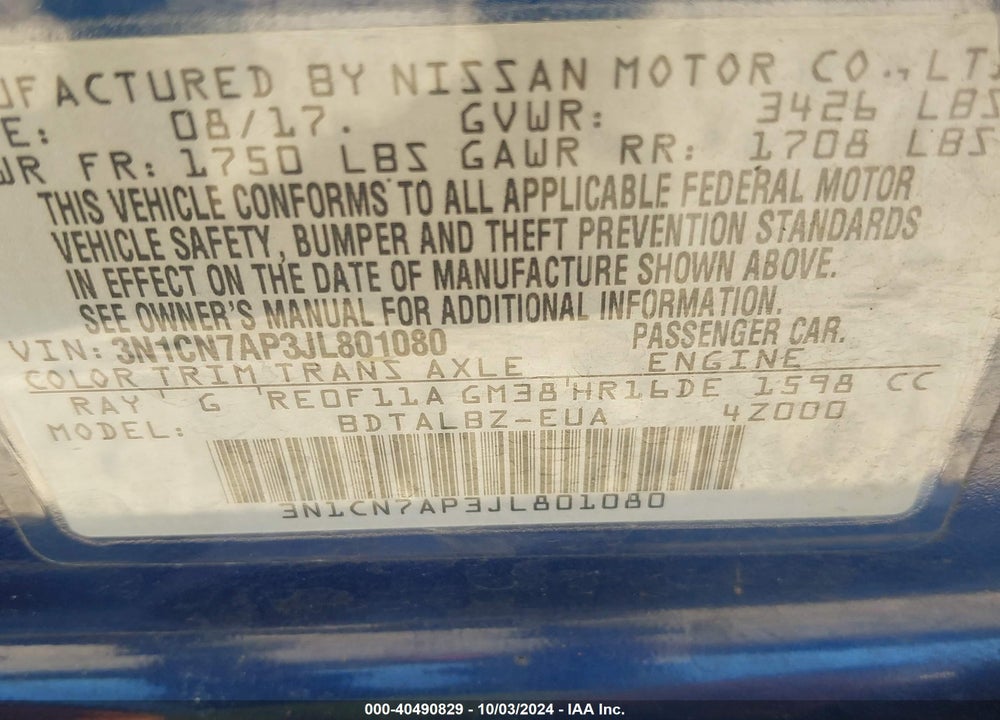 2018 NISSAN VERSA VIN: 3N1CN7AP3JL801080