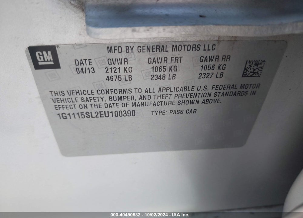 2014 CHEVROLET IMPALA 1LT VIN: 1G1115SL2EU100390