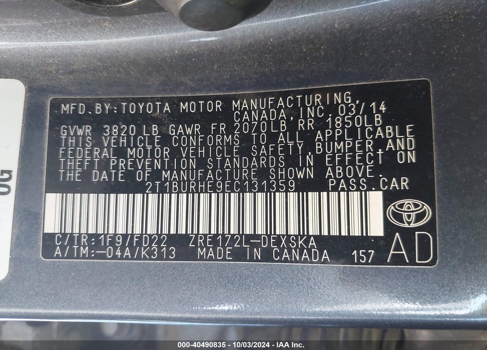 2014 TOYOTA COROLLA S VIN: 2T1BURHE9EC131359