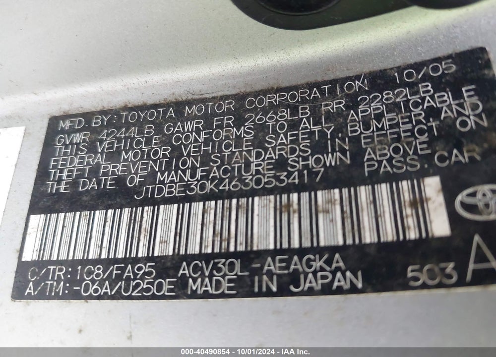 2006 TOYOTA CAMRY XLE VIN: JTDBE30K463053417