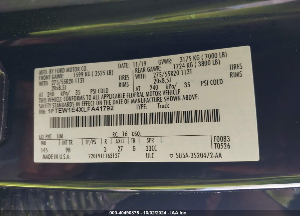 2020 FORD F-150 PLATINUM VIN: 1FTEW1E4XLFA41792