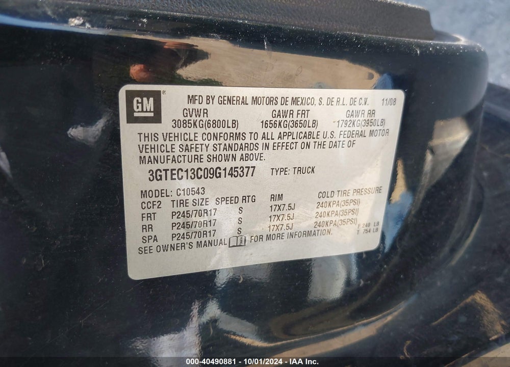 2009 GMC SIERRA 1500 SL VIN: 3GTEC13C09G145377