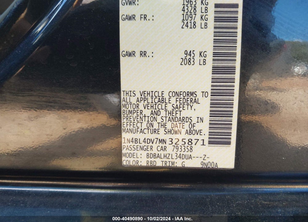 2021 NISSAN ALTIMA VIN: 1N4BL4DV7MN325871