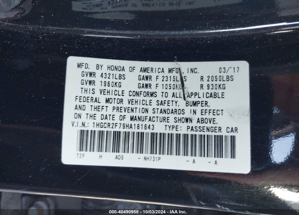 2017 HONDA ACCORD EX VIN: 1HGCR2F79HA181643