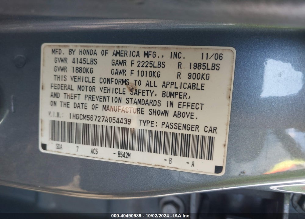 2007 HONDA ACCORD 2.4 EX VIN: 1HGCM56727A054439