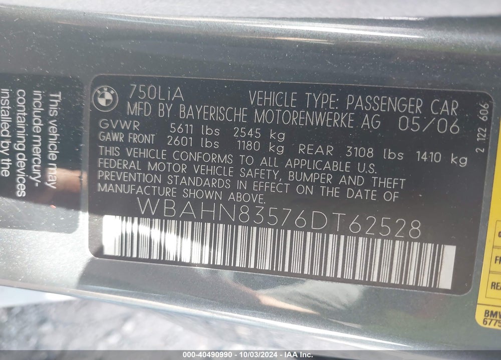 2006 BMW 750LI VIN: WBAHN83576DT62528