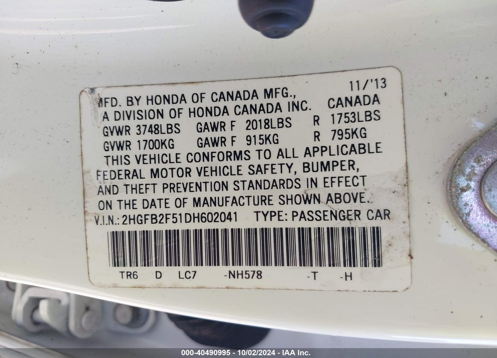 2013 HONDA CIVIC LX VIN: 2HGFB2F51DH602041