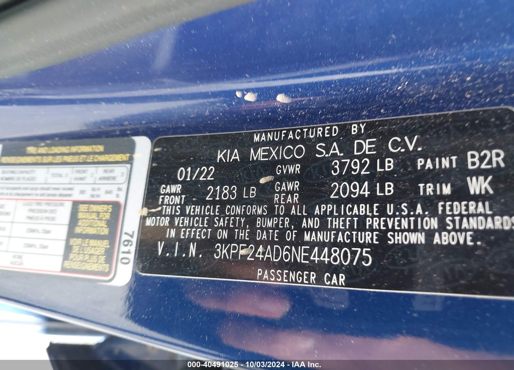 2022 KIA FORTE LXS VIN: 3KPF24AD6NE448075