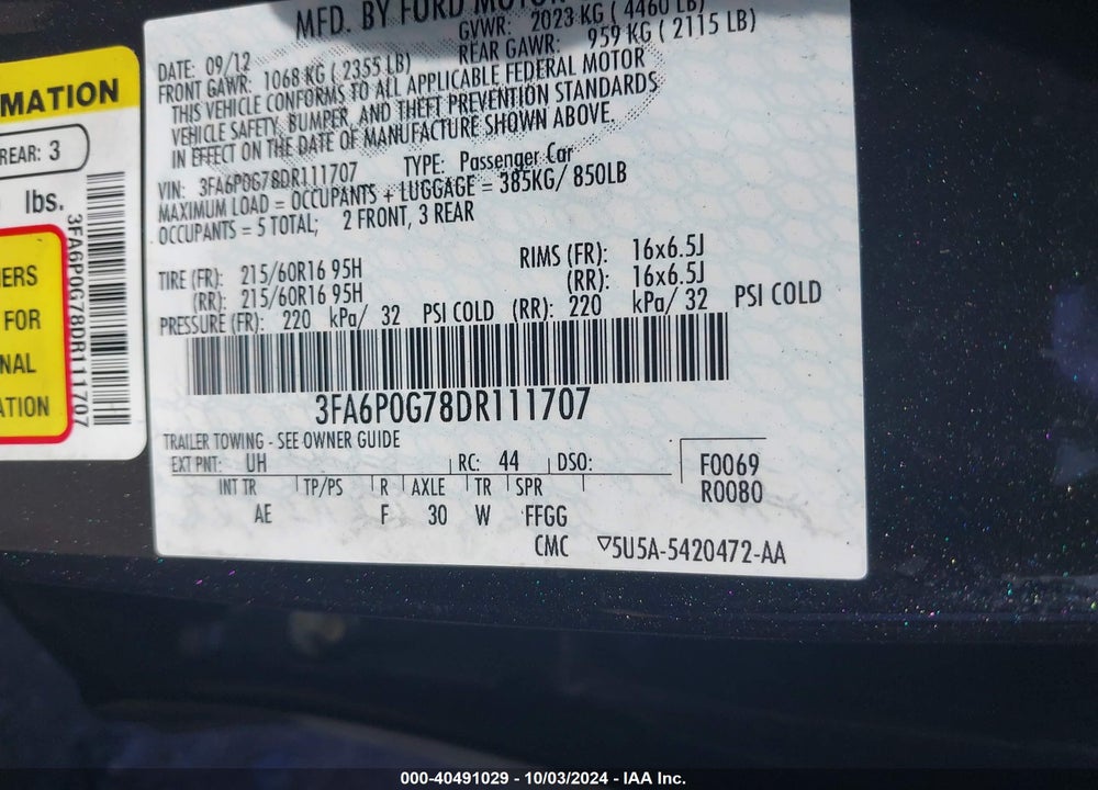 2013 FORD FUSION S VIN: 3FA6P0G78DR111707