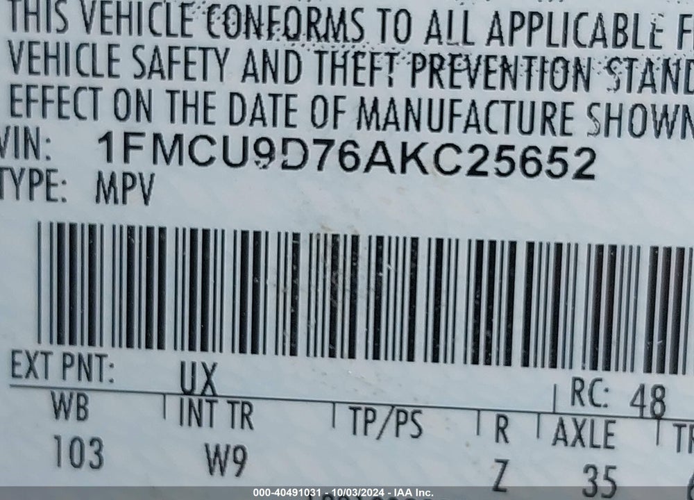 2010 FORD ESCAPE XLT VIN: 1FMCU9D76AKC25652