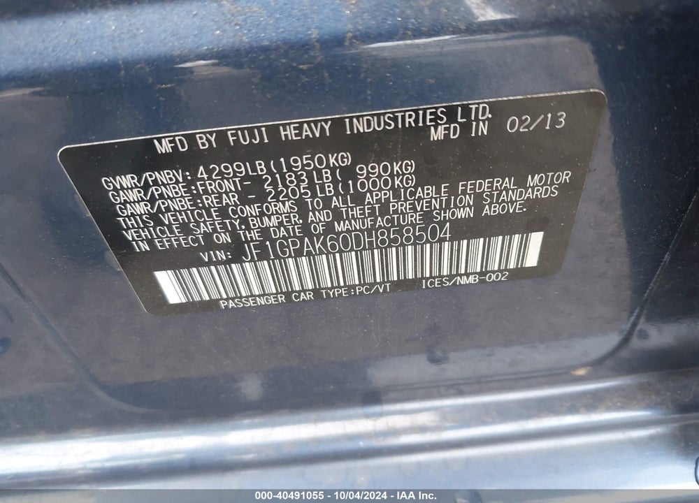 2013 SUBARU IMPREZA 2.0I LIMITED VIN: JF1GPAK60DH858504