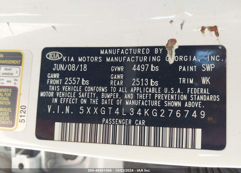 2019 KIA OPTIMA LX VIN: 5XXGT4L34KG276749