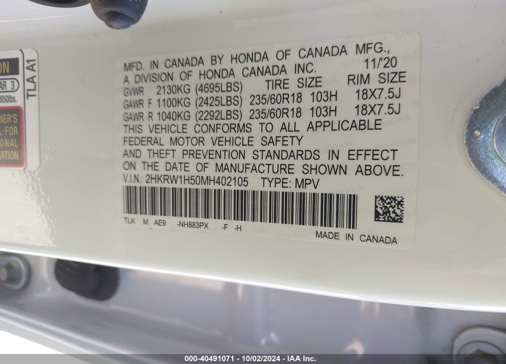 2021 HONDA CR-V 2WD EX VIN: 2HKRW1H50MH402105