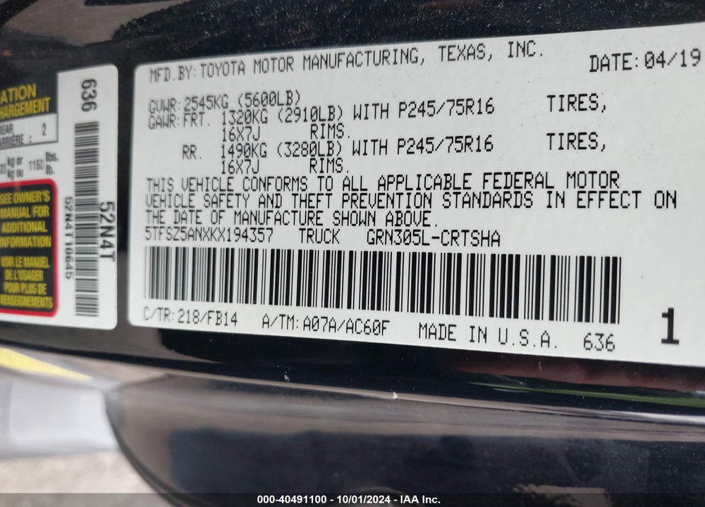 2019 TOYOTA TACOMA SR V6 VIN: 5TFSZ5ANXKX194357
