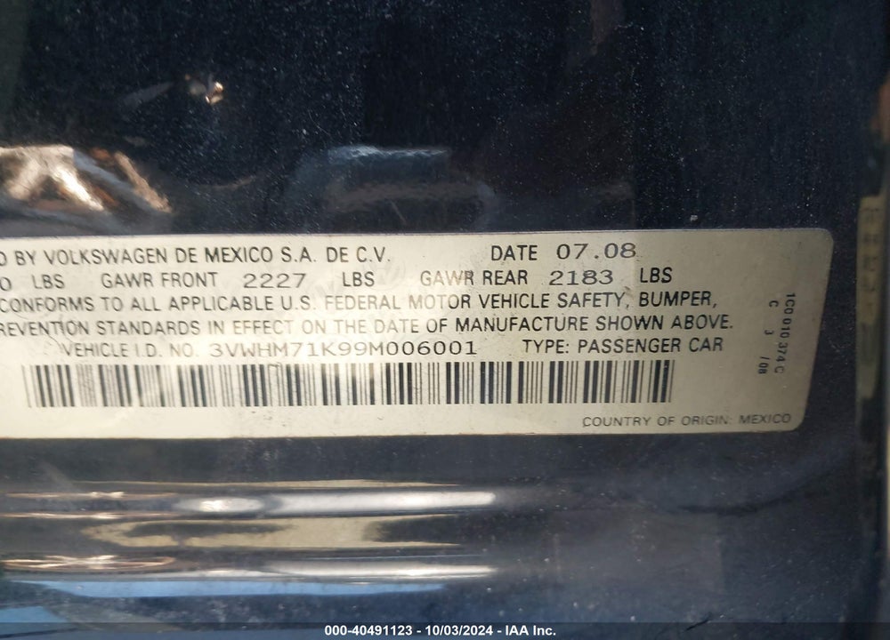 2009 VOLKSWAGEN JETTA S VIN: 3VWHM71K99M006001