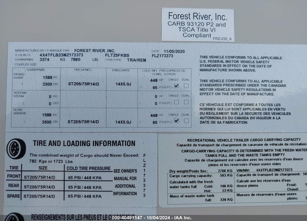 2021 FLAGSTAFF OTHER VIN: 4X4TFLB23MZ173373