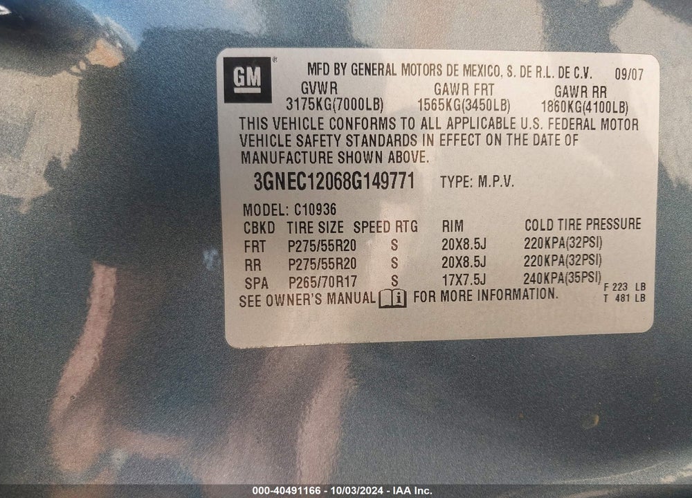 2008 CHEVROLET AVALANCHE 1500 LT VIN: 3GNEC12068G149771