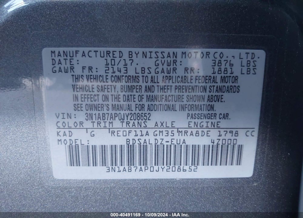 2018 NISSAN SENTRA SV VIN: 3N1AB7AP0JY208652