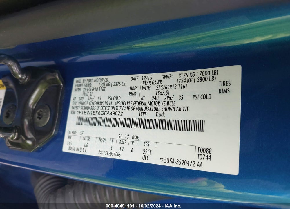2016 FORD F-150 XLT VIN: 1FTEW1EF6GFA49072