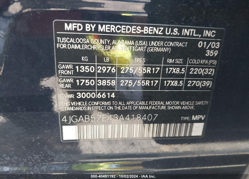 2003 MERCEDES-BENZ ML 350 VIN: 4JGAB57E43A418407