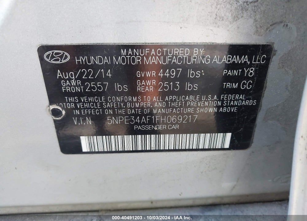 2015 HYUNDAI SONATA LIMITED VIN: 5NPE34AF1FH069217