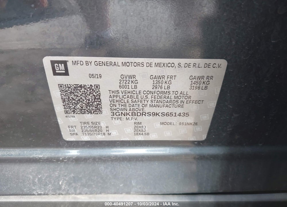 2019 CHEVROLET BLAZER VIN: 3GNKBDRS9KS651435