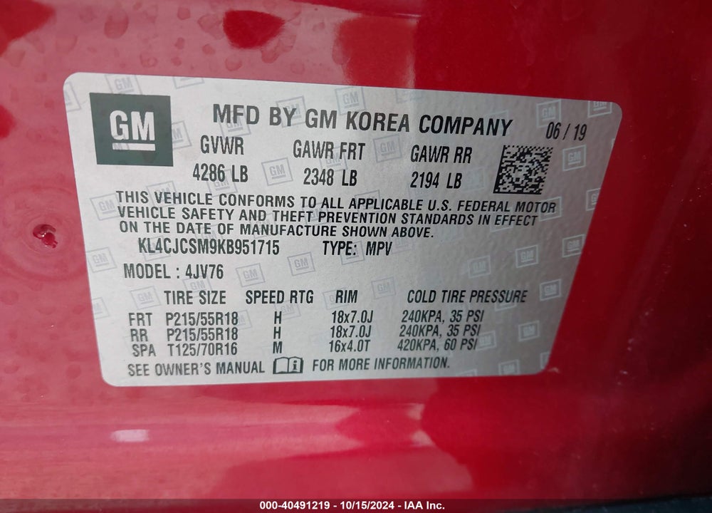 2019 ENCORE BUICK  FWD ESSENCE VIN: KL4CJCSM9KB951715