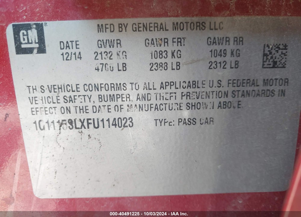 2015 CHEVROLET IMPALA 1LT VIN: 1G1115SLXFU114023
