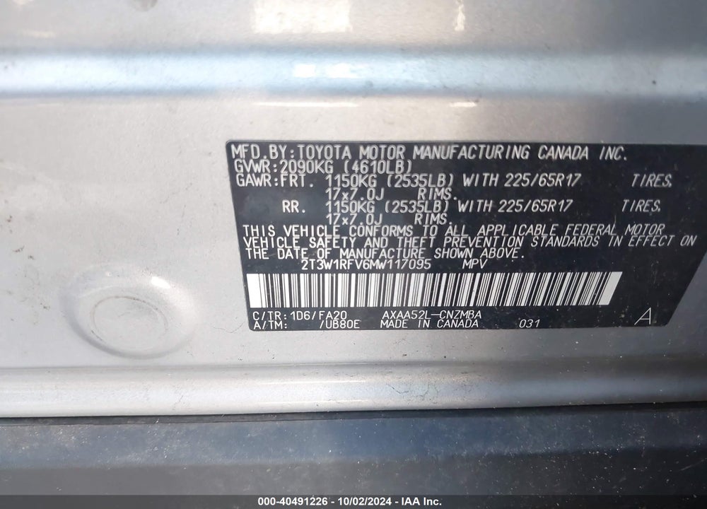 2021 TOYOTA RAV4 XLE VIN: 2T3W1RFV6MW117095