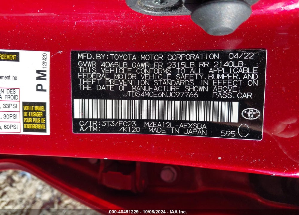 2022 TOYOTA COROLLA SE VIN: JTDS4MCE6NJ097766