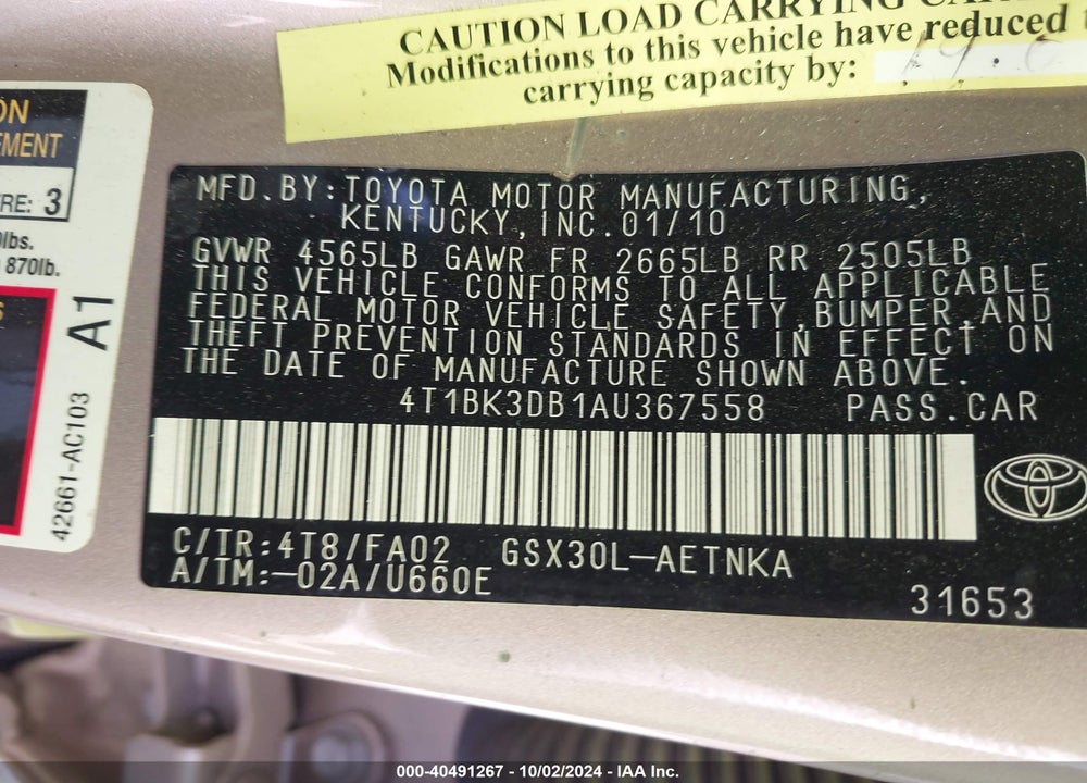 2010 TOYOTA AVALON XL VIN: 4T1BK3DB1AU367558