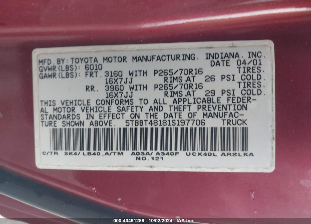 2001 TOYOTA TUNDRA LTD V8 VIN: 5TBBT48181S197706