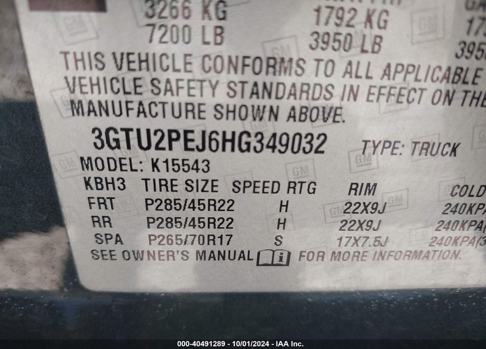 2017 GMC SIERRA 1500 DENALI VIN: 3GTU2PEJ6HG349032