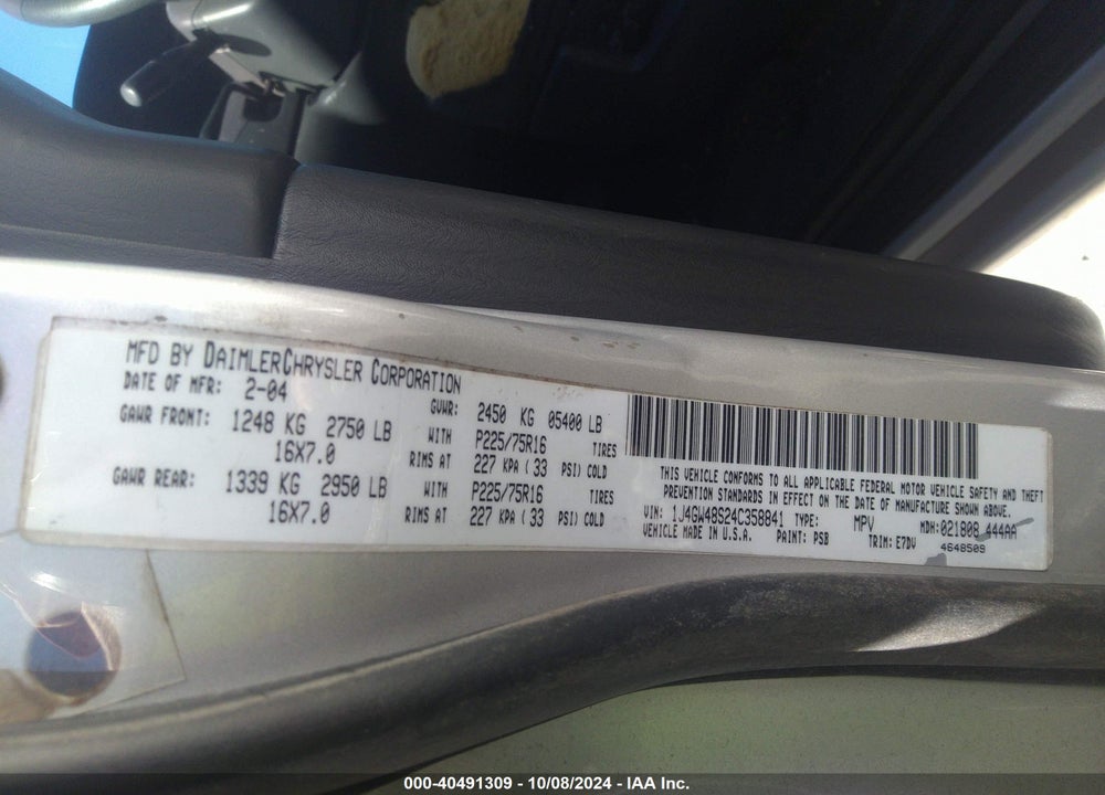 2004 JEEP GRAND CHEROKEE LAREDO VIN: 1J4GW48S24C358841