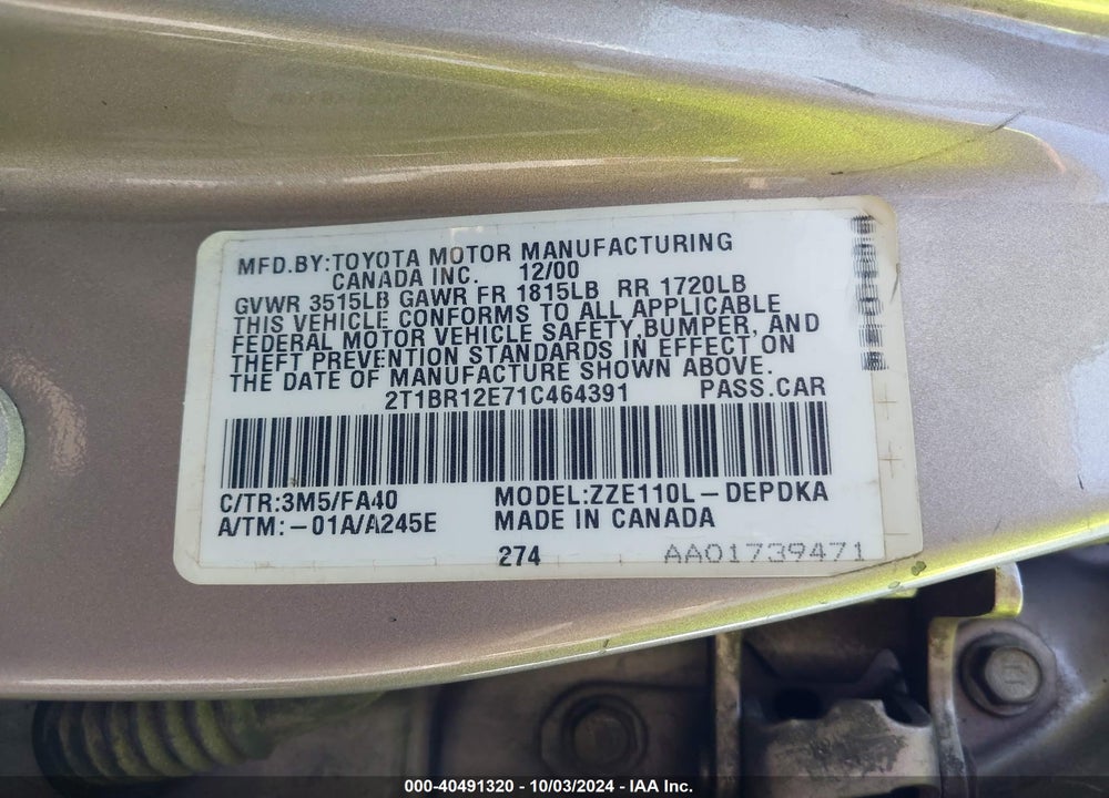 2001 TOYOTA COROLLA LE VIN: 2T1BR12E71C464391