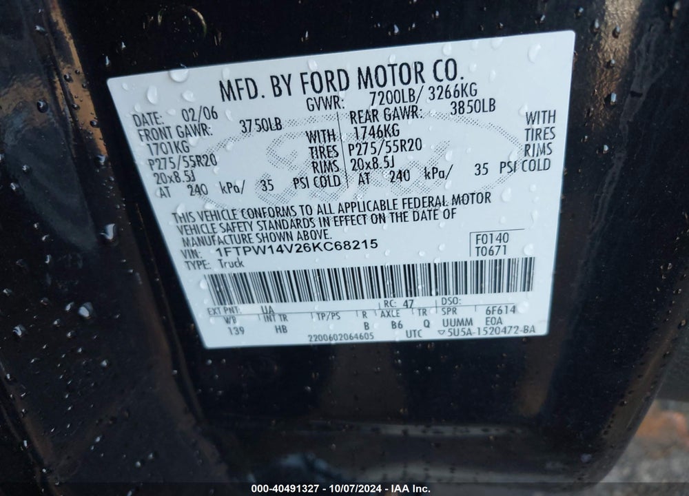 2006 FORD F-150 FX4/LARIAT/XLT VIN: 1FTPW14V26KC68215