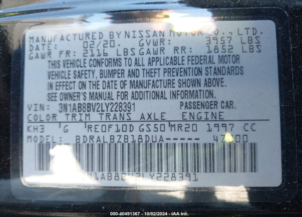 2020 NISSAN SENTRA S XTRONIC CVT VIN: 3N1AB8BV2LY228391