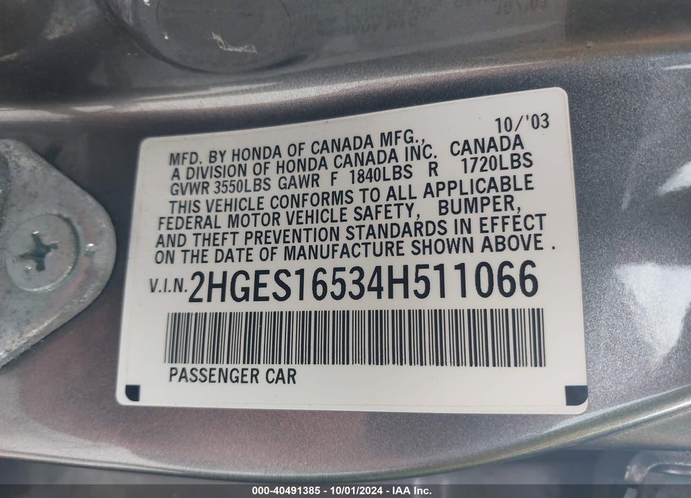 2004 HONDA CIVIC LX VIN: 2HGES16534H511066