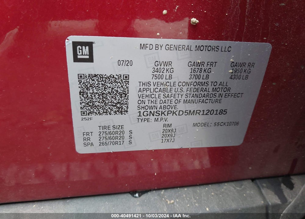 2021 CHEVROLET TAHOE 4WD Z71 VIN: 1GNSKPKD5MR120185