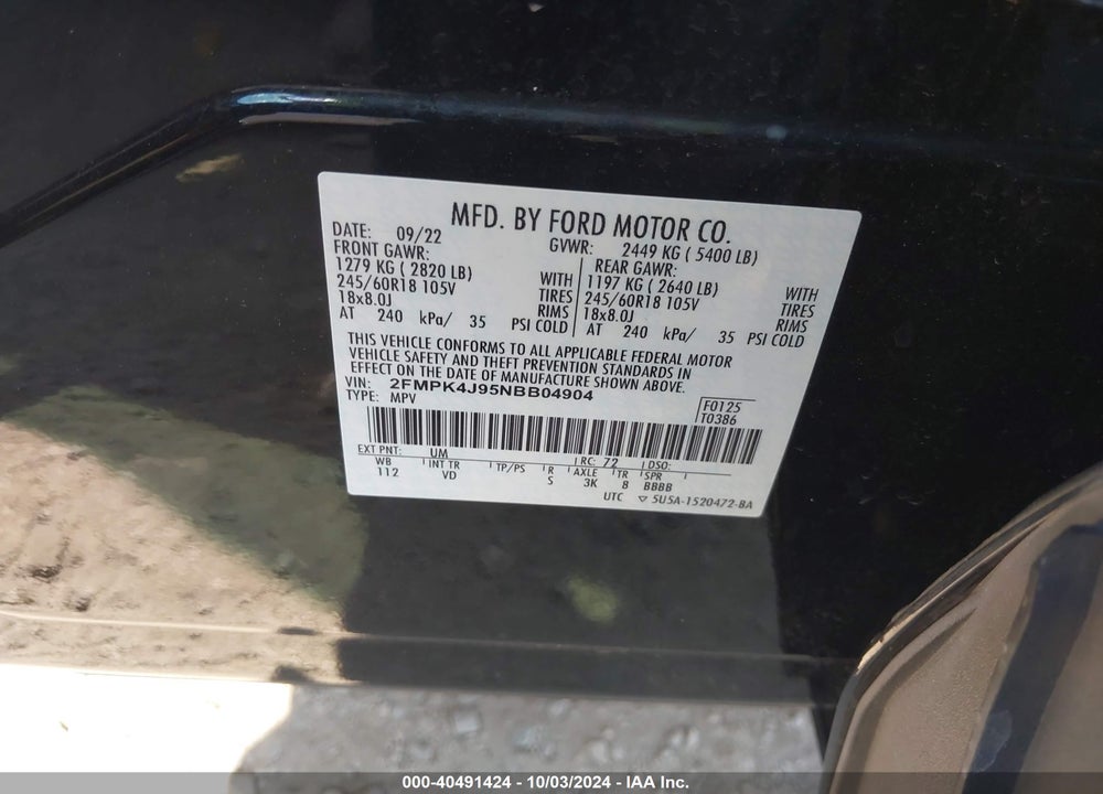 2022 FORD EDGE SEL VIN: 2FMPK4J95NBB04904