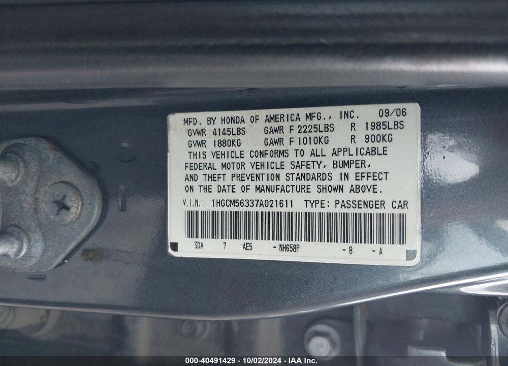 2007 HONDA ACCORD 2.4 SE VIN: 1HGCM56337A021611